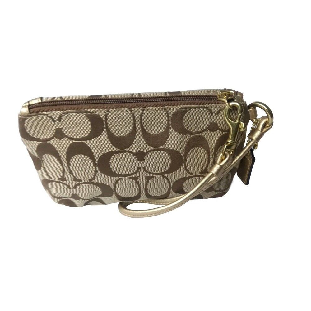 Vintage Coach Signature C Leather Trim Wristlet Khaki & Gold Turnlock - Picture 4 of 7